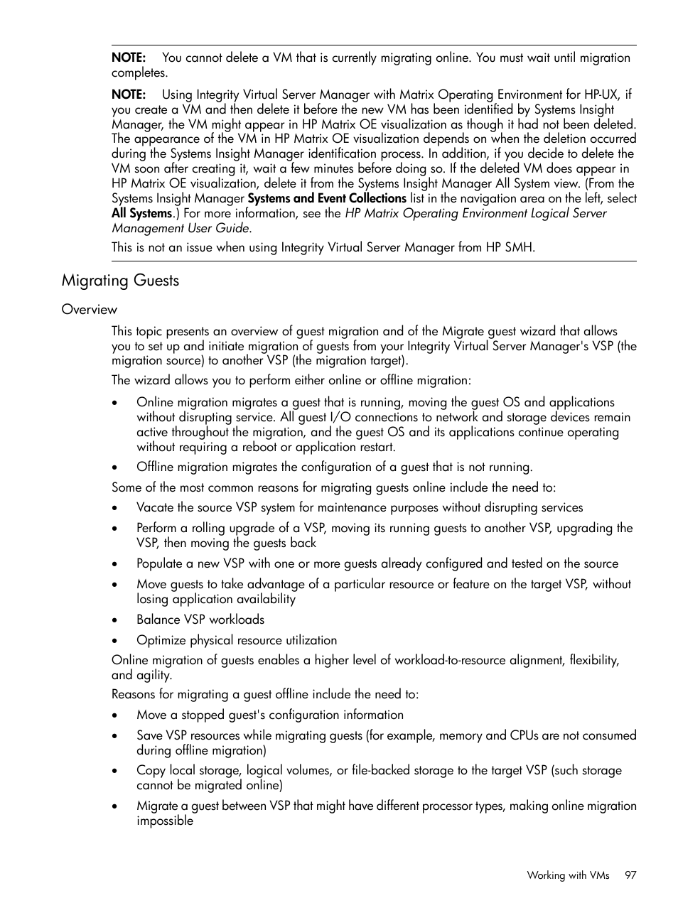 Migrating guests, Overview, Migrating | HP Matrix Operating Environment Software User Manual | Page 97 / 152