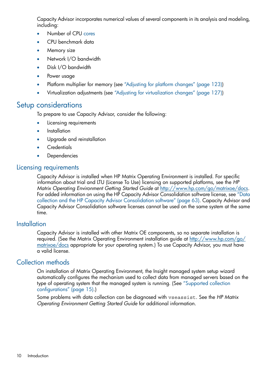 Setup considerations, Licensing requirements, Installation | Collection methods | HP Matrix Operating Environment Software User Manual | Page 10 / 189