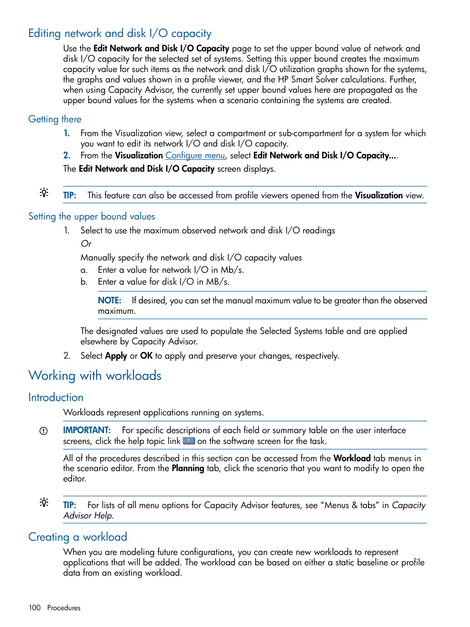 Editing network and disk i/o capacity, Getting there, Setting the upper bound values | Working with workloads, Introduction, Creating a workload, Getting there setting the upper bound values, Introduction creating a workload | HP Matrix Operating Environment Software User Manual | Page 100 / 189