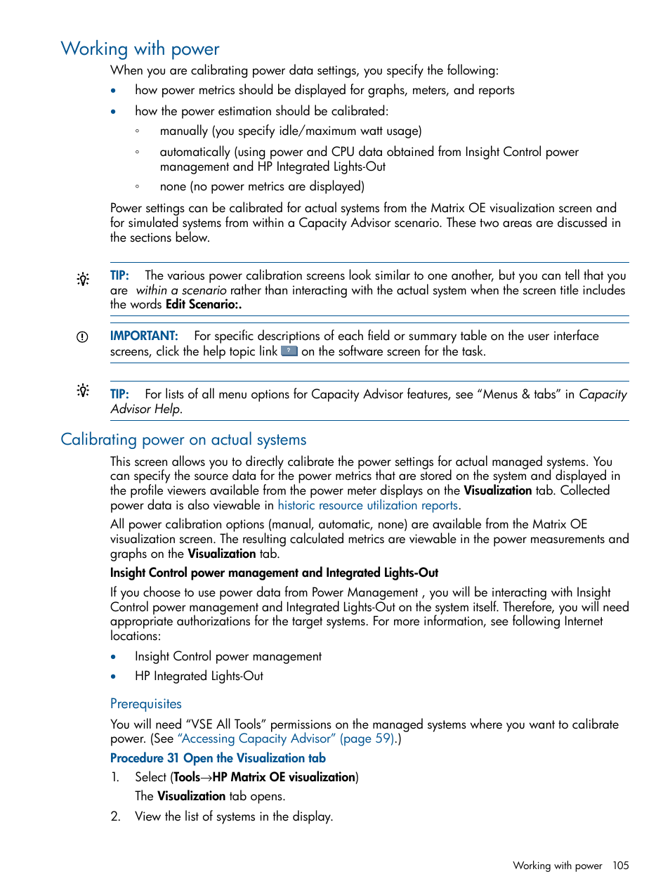 Working with power, Calibrating power on actual systems | HP Matrix Operating Environment Software User Manual | Page 105 / 189