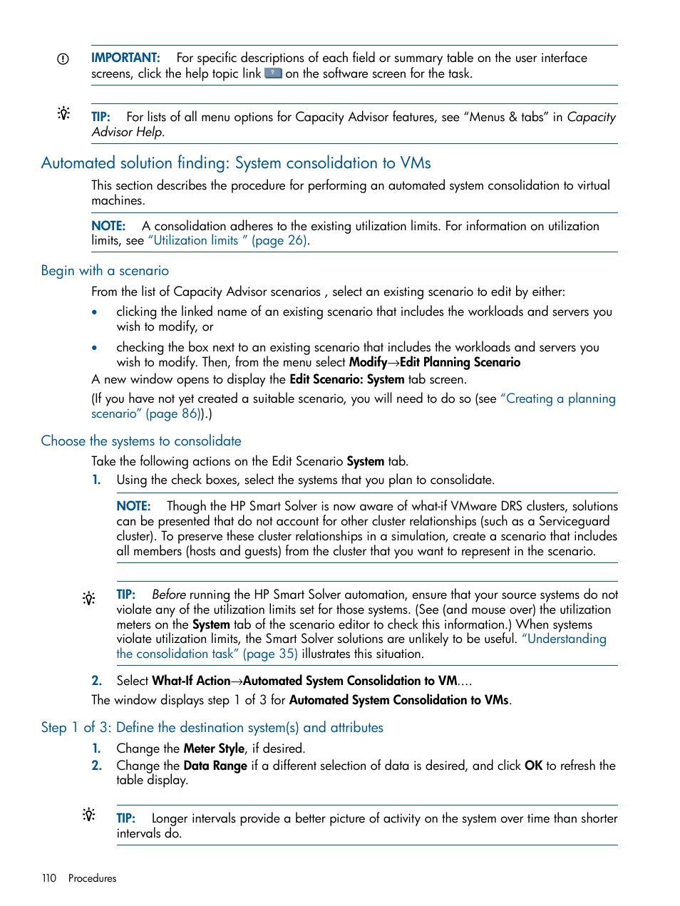 Begin with a scenario, Choose the systems to consolidate | HP Matrix Operating Environment Software User Manual | Page 110 / 189