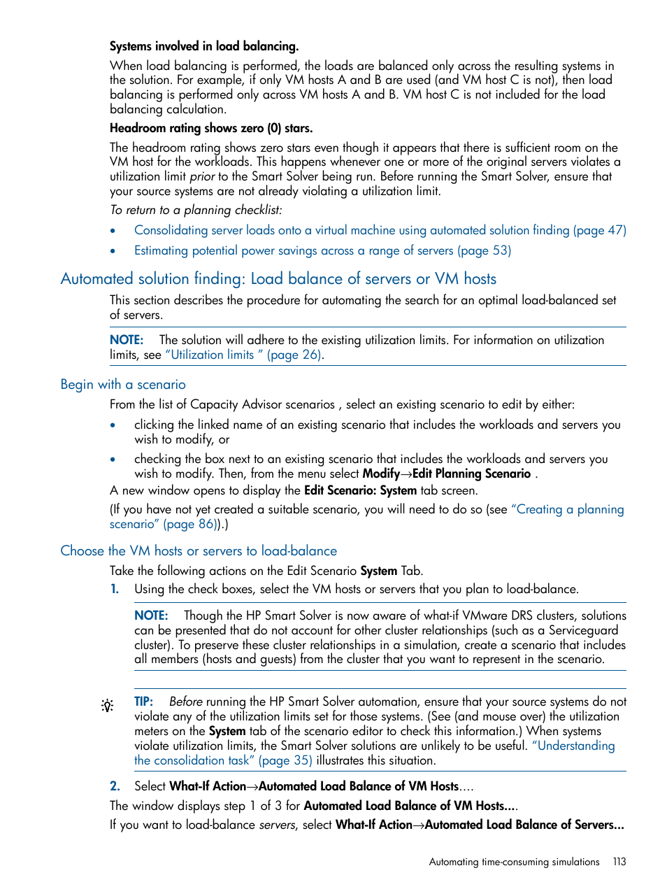 Begin with a scenario, Choose the vm hosts or servers to load-balance | HP Matrix Operating Environment Software User Manual | Page 113 / 189