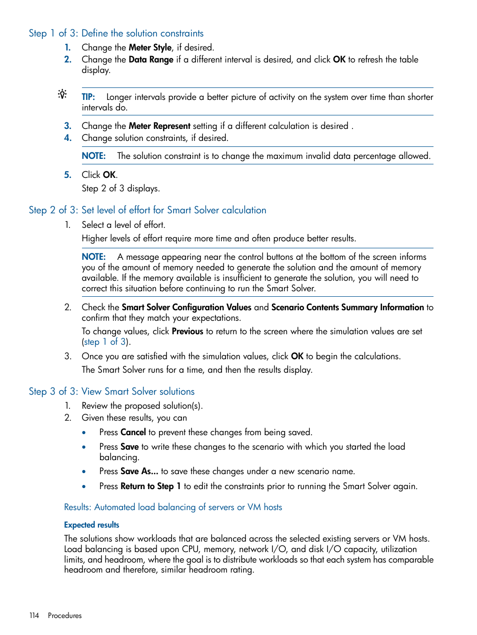 Step 1 of 3: define the solution constraints, Step 3 of 3: view smart solver solutions, Expected results | HP Matrix Operating Environment Software User Manual | Page 114 / 189