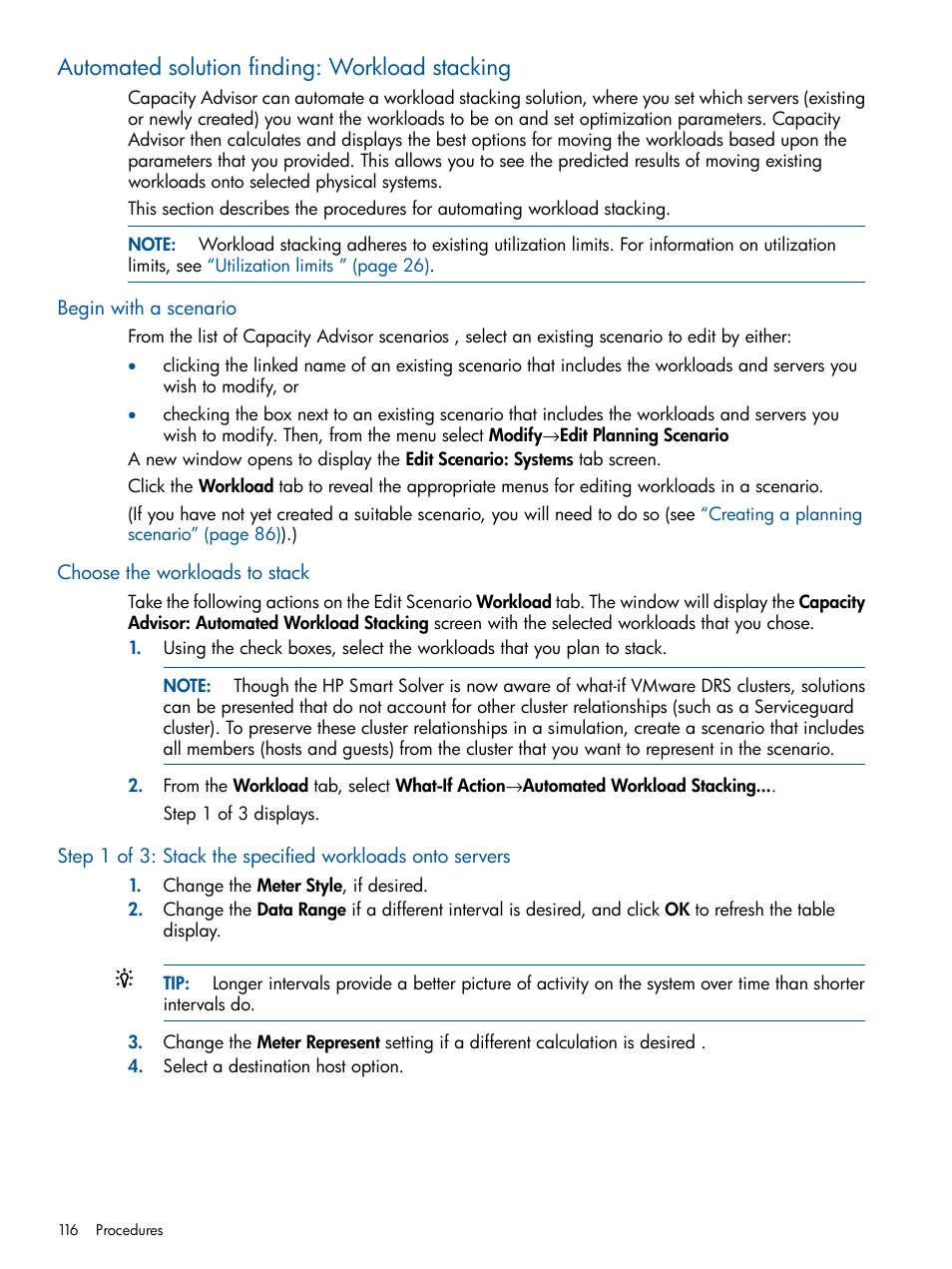 Automated solution finding: workload stacking, Begin with a scenario, Choose the workloads to stack | HP Matrix Operating Environment Software User Manual | Page 116 / 189