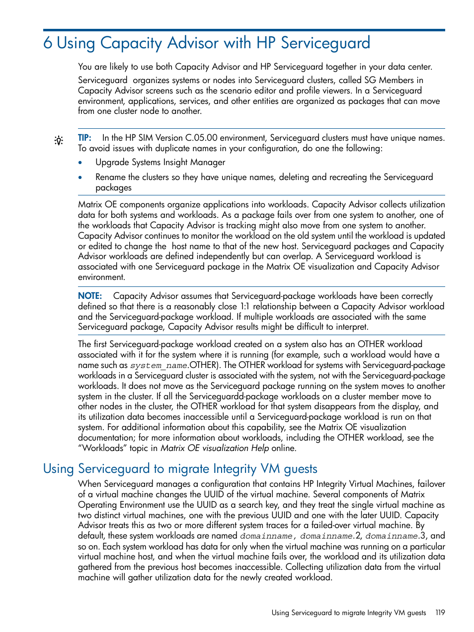 6 using capacity advisor with hp serviceguard, Using serviceguard to migrate integrity vm guests | HP Matrix Operating Environment Software User Manual | Page 119 / 189