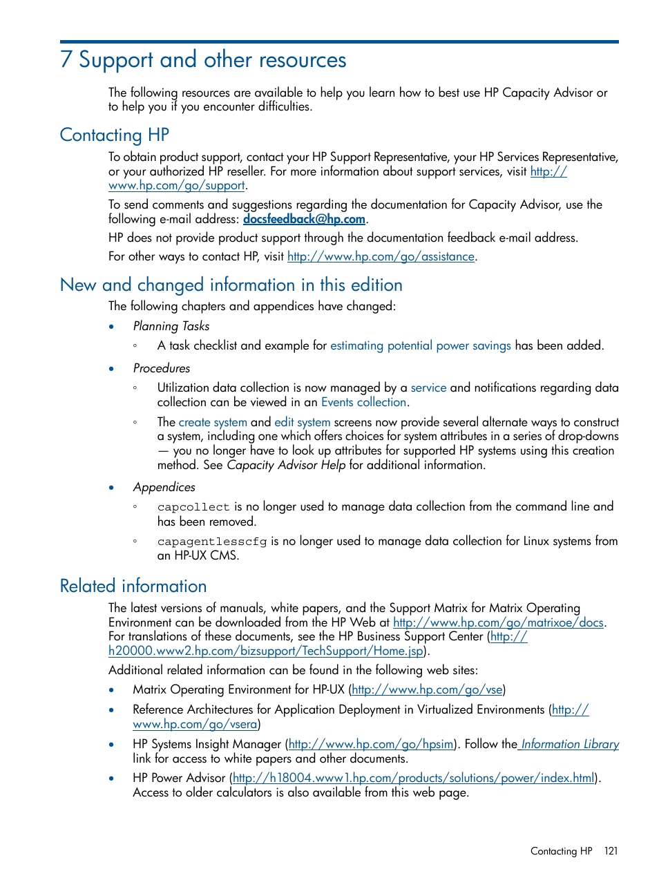 7 support and other resources, Contacting hp, New and changed information in this edition | Related information | HP Matrix Operating Environment Software User Manual | Page 121 / 189