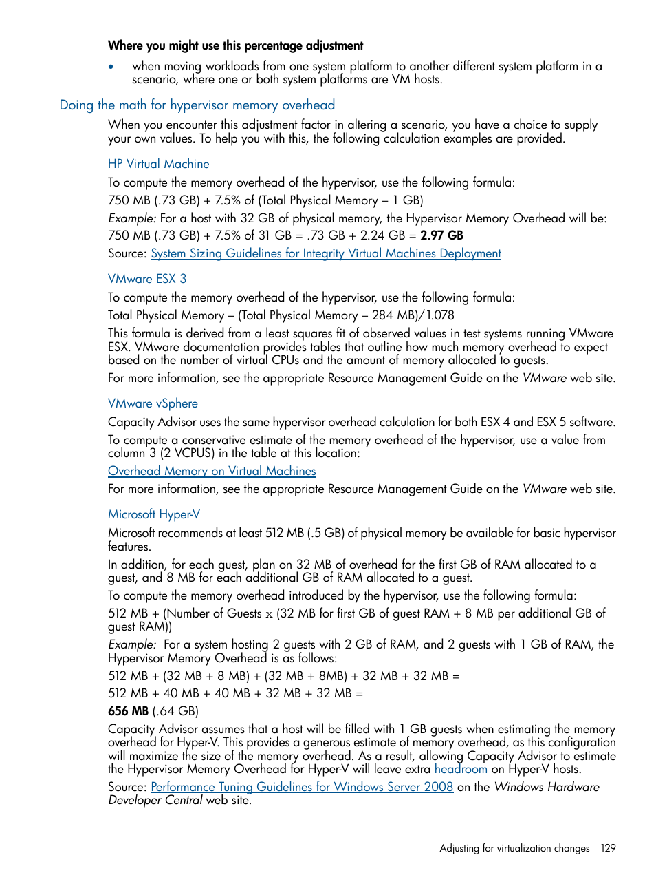 Doing the math for hypervisor memory overhead, Hp virtual machine, Vmware esx 3 | Vmware vsphere, Microsoft hyper-v | HP Matrix Operating Environment Software User Manual | Page 129 / 189