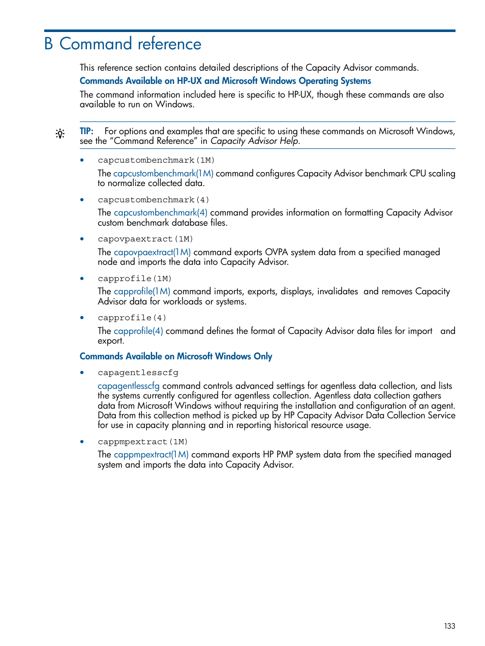 B command reference | HP Matrix Operating Environment Software User Manual | Page 133 / 189
