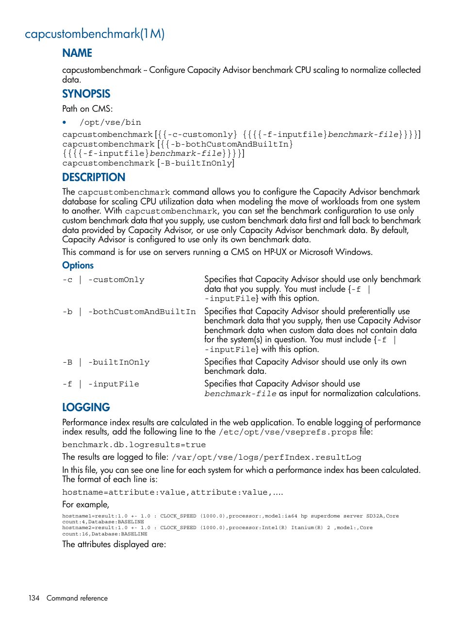 Capcustombenchmark(1m), Name, Synopsis | Description, Logging | HP Matrix Operating Environment Software User Manual | Page 134 / 189