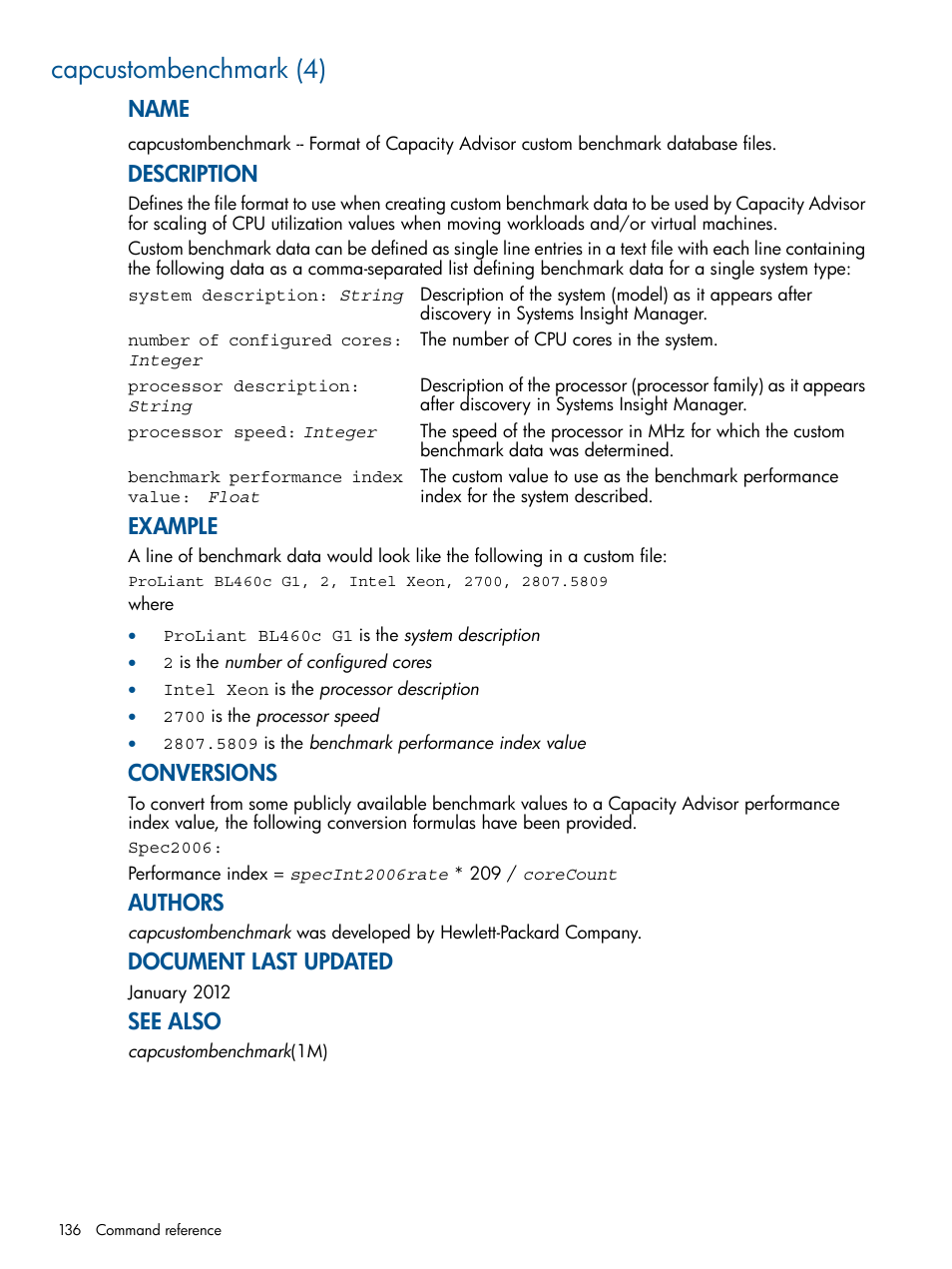 Capcustombenchmark (4), Capcustombenchmark(4), Name | Description, Example, Conversions, Authors, Document last updated, See also | HP Matrix Operating Environment Software User Manual | Page 136 / 189