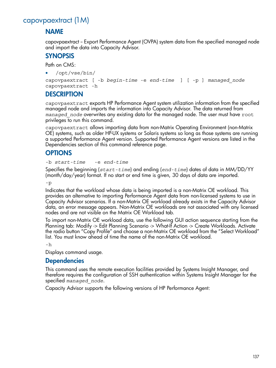 Capovpaextract (1m), Capovpaextract(1m), Name | Synopsis, Description, Options, Dependencies | HP Matrix Operating Environment Software User Manual | Page 137 / 189