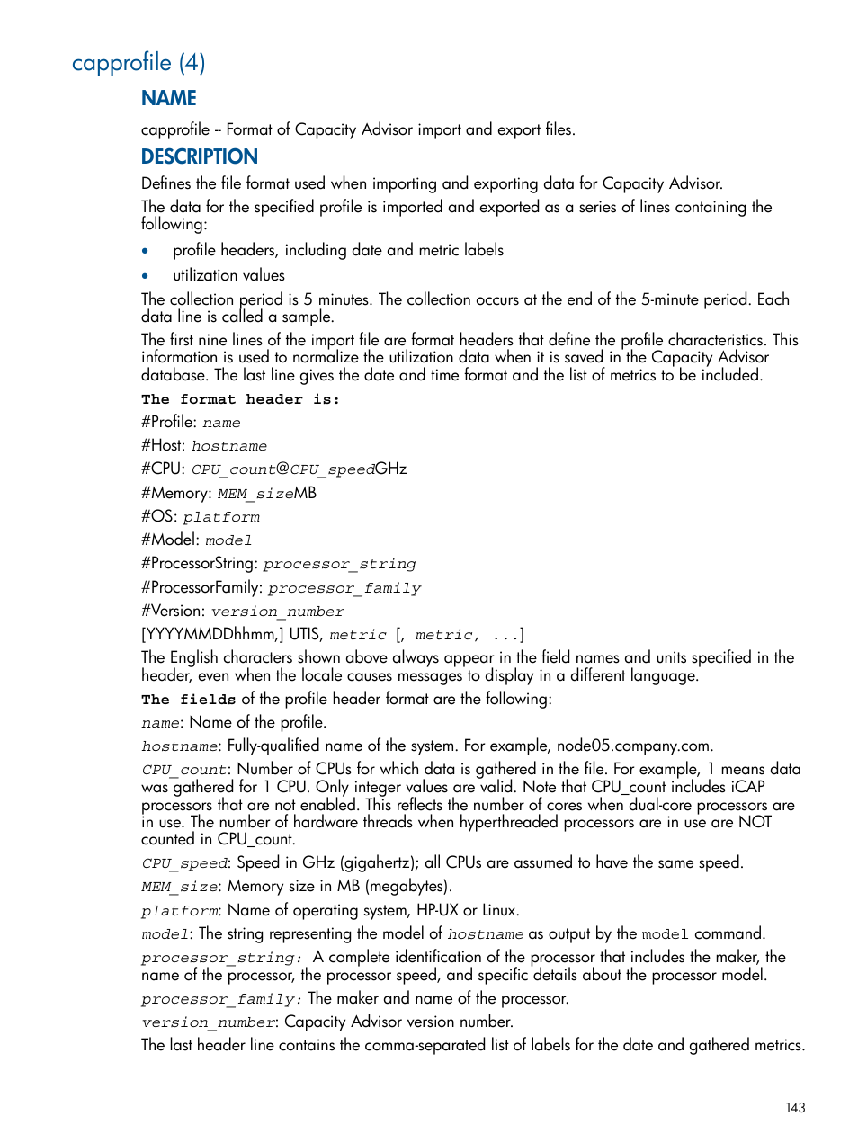 Capprofile (4), Capprofile(4), Name | Description | HP Matrix Operating Environment Software User Manual | Page 143 / 189