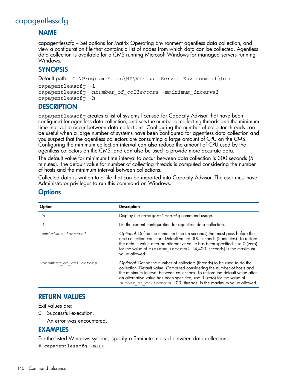Capagentlesscfg, Name, Synopsis | Description, Options, Return values, Examples | HP Matrix Operating Environment Software User Manual | Page 146 / 189