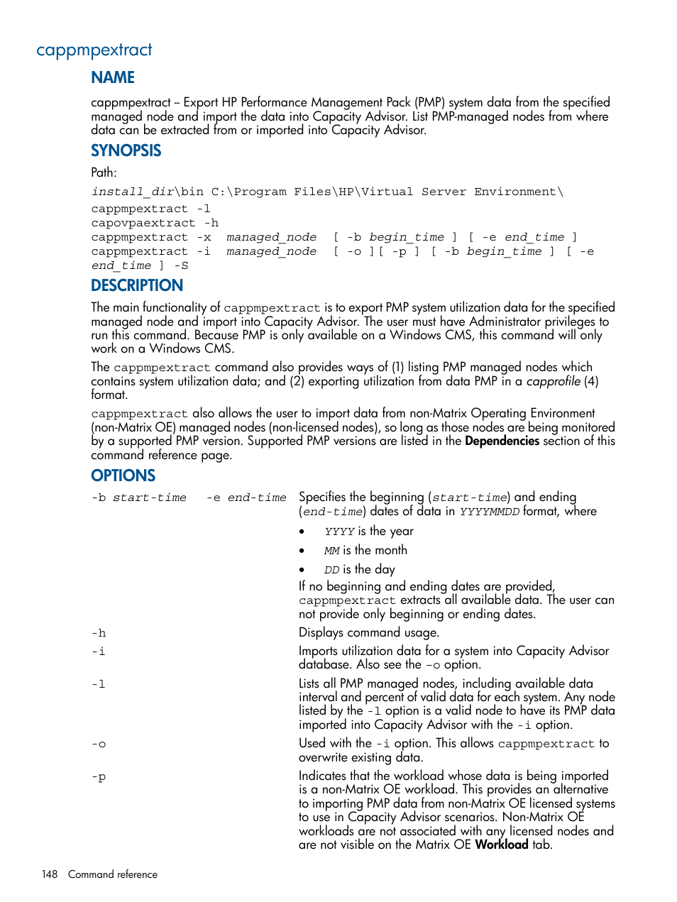 Cappmpextract, Cappmpextract(1m), Name | Synopsis, Description, Options | HP Matrix Operating Environment Software User Manual | Page 148 / 189