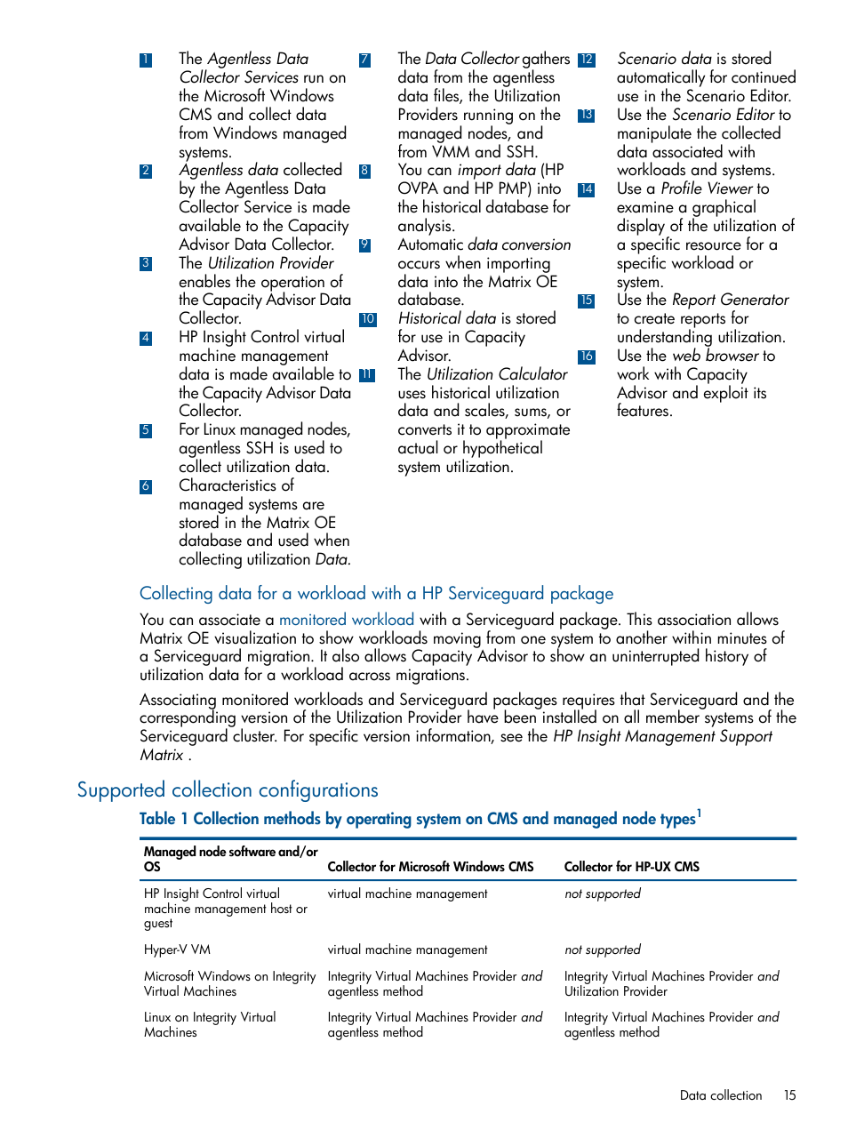 Supported collection configurations, Supported collection | HP Matrix Operating Environment Software User Manual | Page 15 / 189