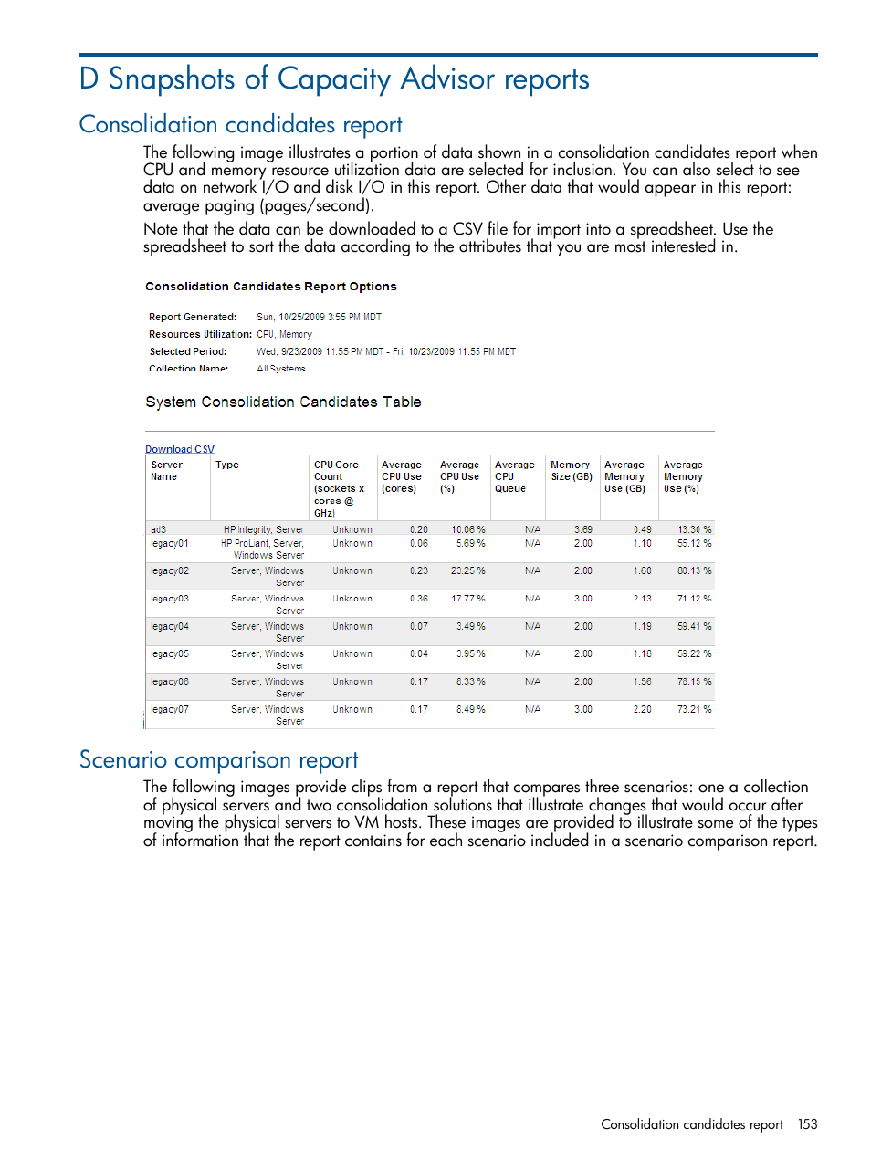 D snapshots of capacity advisor reports, Consolidation candidates report, Scenario comparison report | HP Matrix Operating Environment Software User Manual | Page 153 / 189