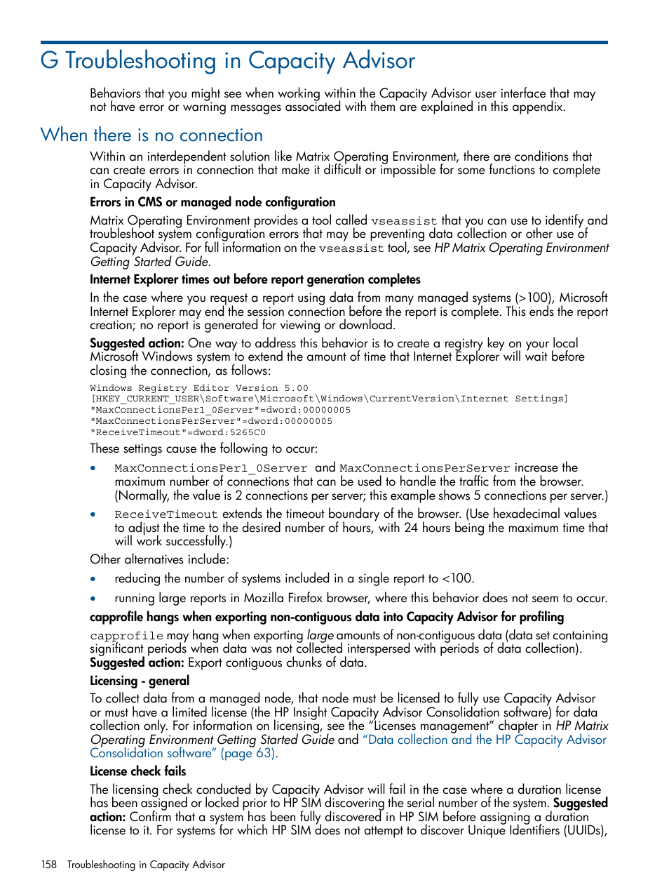 G troubleshooting in capacity advisor, When there is no connection | HP Matrix Operating Environment Software User Manual | Page 158 / 189