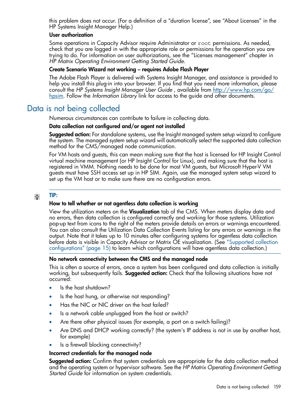 Data is not being collected | HP Matrix Operating Environment Software User Manual | Page 159 / 189