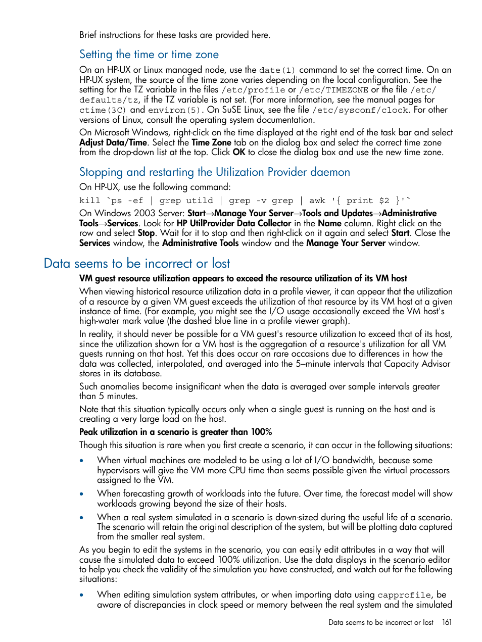 Data seems to be incorrect or lost, Setting the time or time zone | HP Matrix Operating Environment Software User Manual | Page 161 / 189