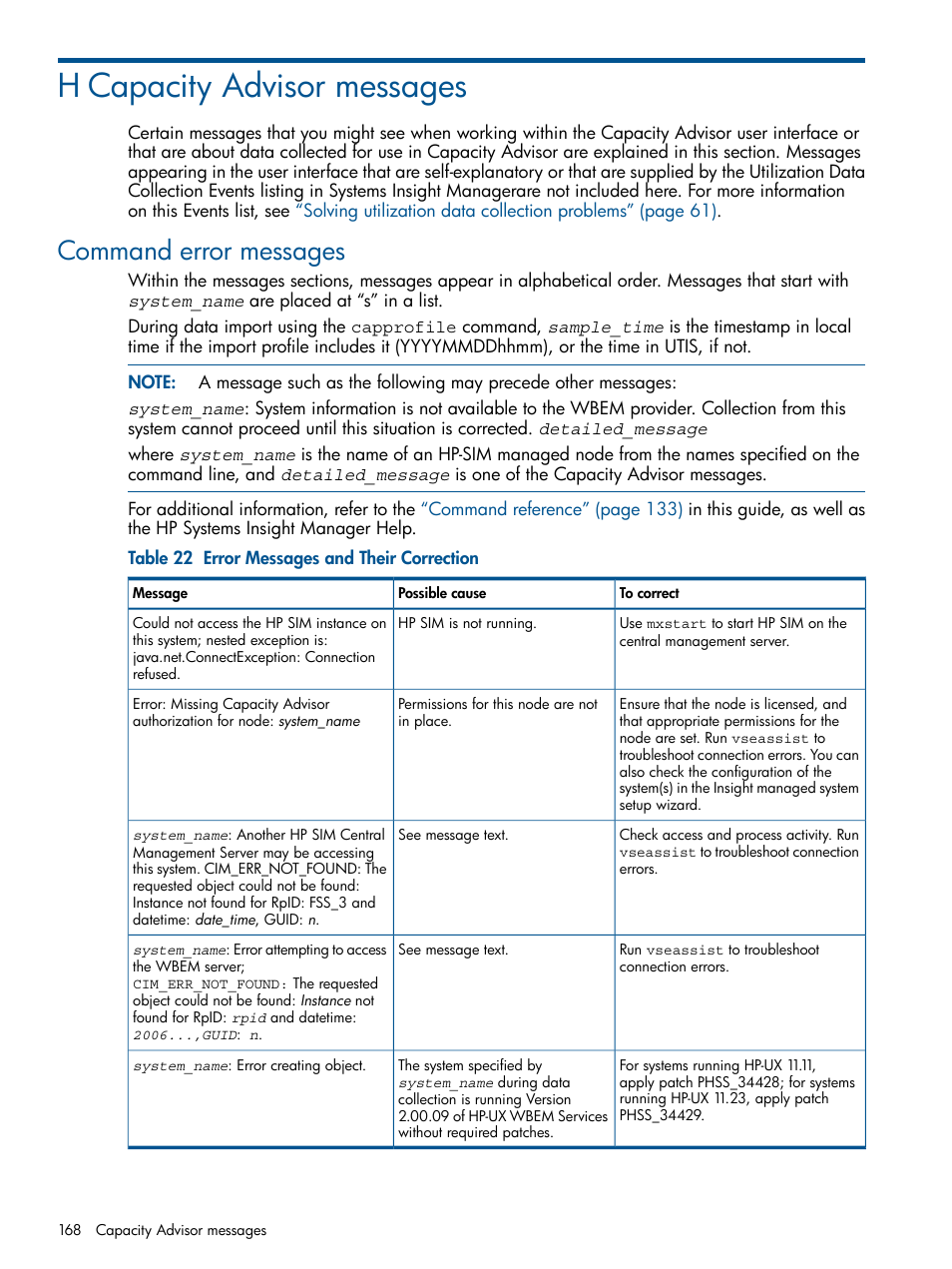 H capacity advisor messages, Command error messages | HP Matrix Operating Environment Software User Manual | Page 168 / 189
