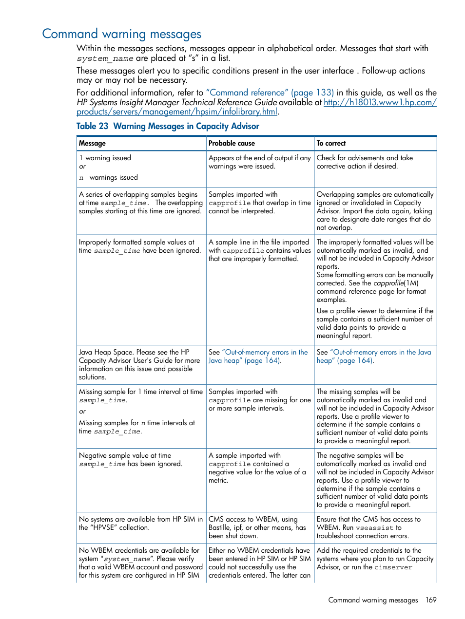 Command warning messages | HP Matrix Operating Environment Software User Manual | Page 169 / 189