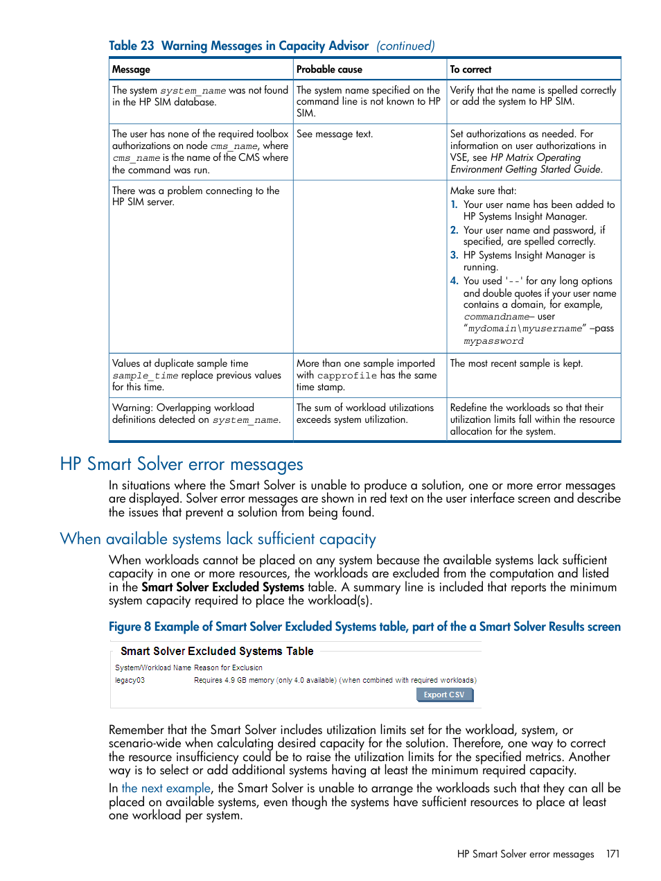 Hp smart solver error messages, When available systems lack sufficient capacity | HP Matrix Operating Environment Software User Manual | Page 171 / 189