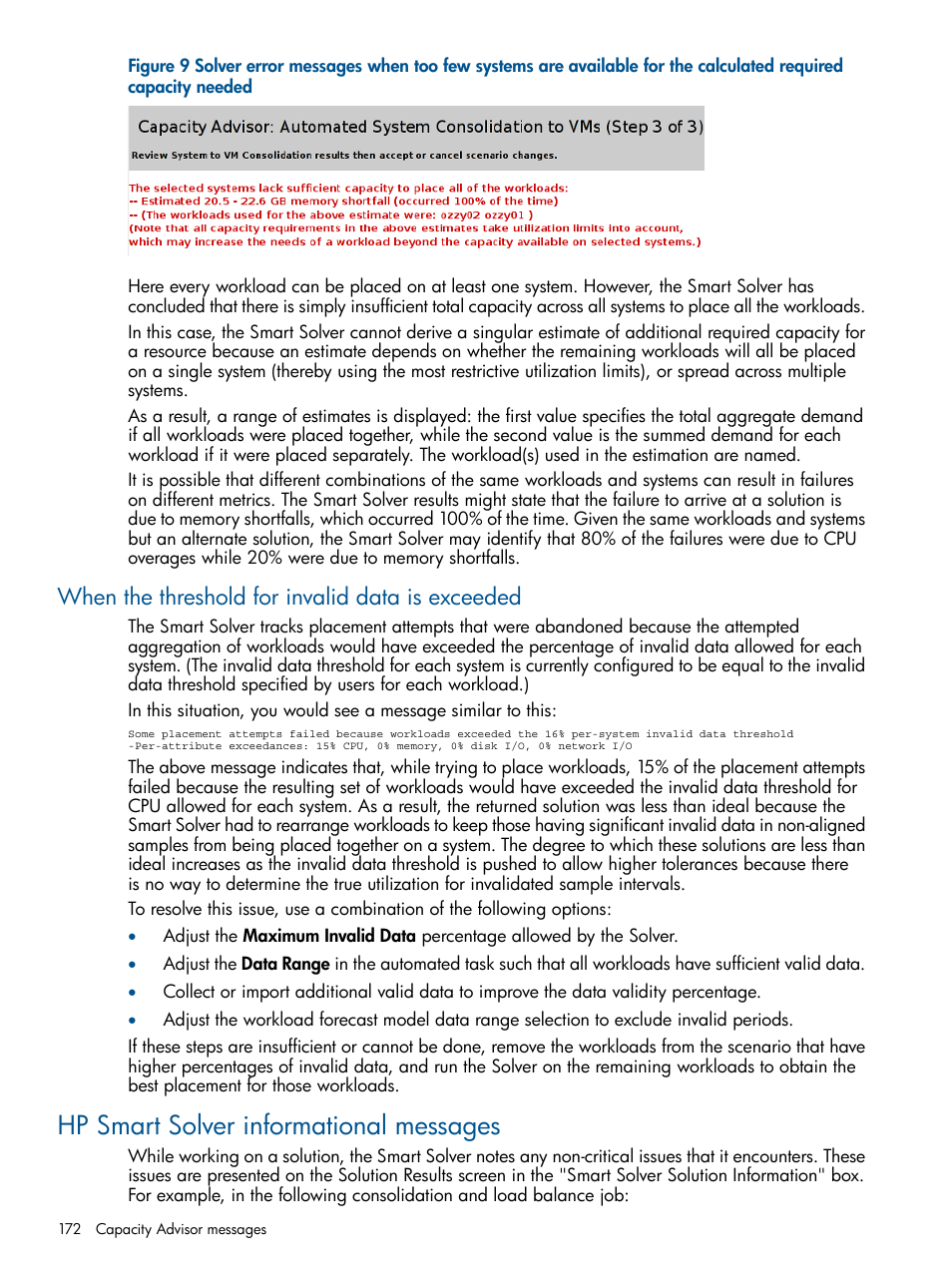 When the threshold for invalid data is exceeded, Hp smart solver informational messages, When the threshold for | HP Matrix Operating Environment Software User Manual | Page 172 / 189