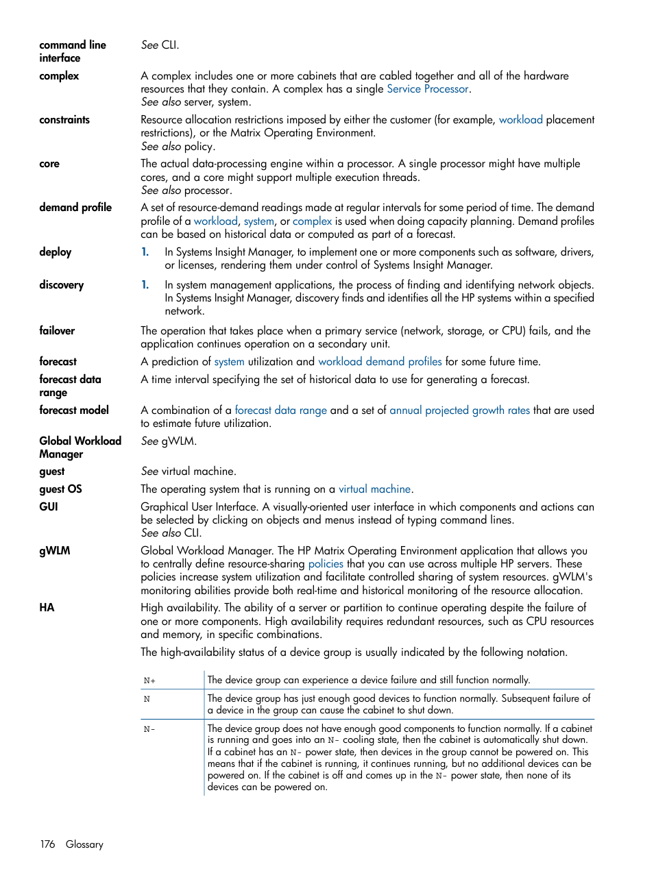 Cores, Demand profile, Forecast data | Range, Forecast model, Complexes, Core, Discovery, Global workload manager (gwlm), Forecasting | HP Matrix Operating Environment Software User Manual | Page 176 / 189