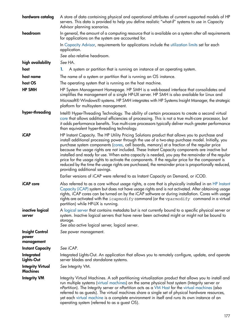 Hp instant capacity (icap) | HP Matrix Operating Environment Software User Manual | Page 177 / 189