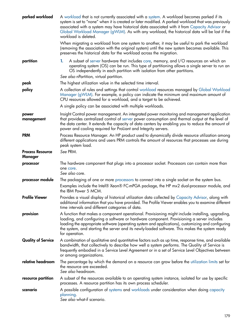 Quality of service, Peak, Scenario | Quality, Of service, Resource partitions, Policy, Provision, Profile viewer, Processors | HP Matrix Operating Environment Software User Manual | Page 179 / 189