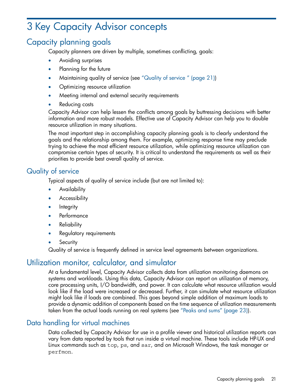 3 key capacity advisor concepts, Capacity planning goals, Quality of service | Utilization monitor, calculator, and simulator, Data handling for virtual machines | HP Matrix Operating Environment Software User Manual | Page 21 / 189