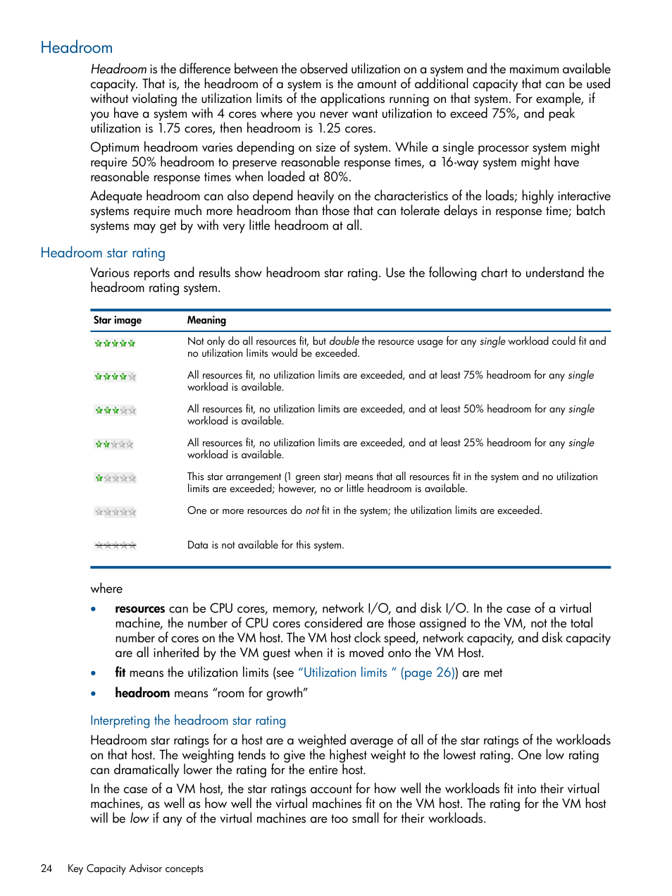 Headroom, Headroom star rating, Interpreting the headroom star rating | HP Matrix Operating Environment Software User Manual | Page 24 / 189