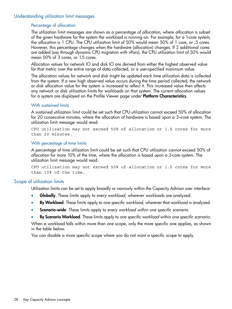 Understanding utilization limit messages, Percentage of allocation, With sustained limits | With percentage of time limits, Scope of utilization limits | HP Matrix Operating Environment Software User Manual | Page 28 / 189