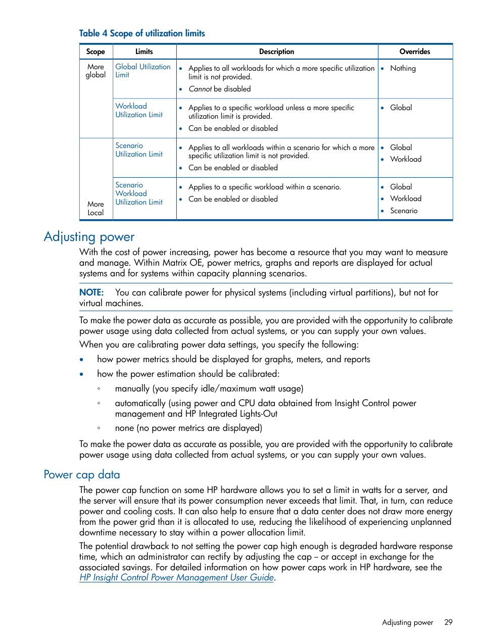 Adjusting power, Power cap data | HP Matrix Operating Environment Software User Manual | Page 29 / 189