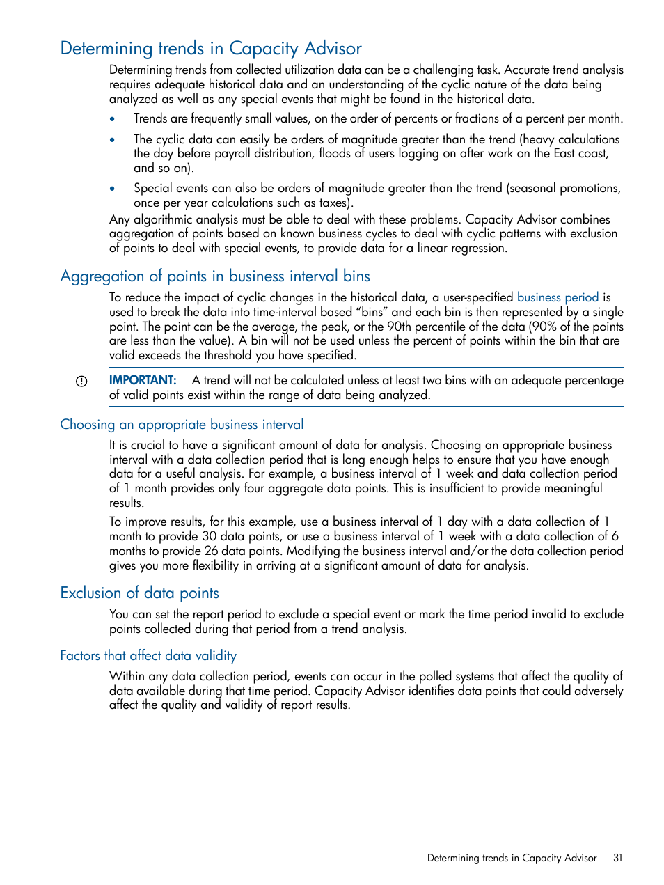Determining trends in capacity advisor, Aggregation of points in business interval bins, Choosing an appropriate business interval | Exclusion of data points, Factors that affect data validity | HP Matrix Operating Environment Software User Manual | Page 31 / 189