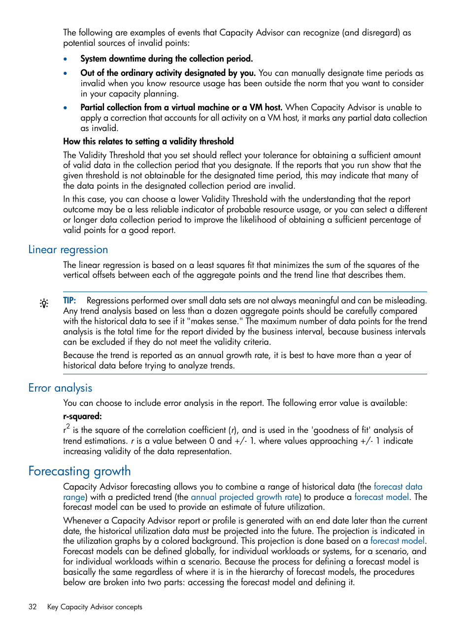Linear regression, Error analysis, Forecasting growth | Linear regression error analysis | HP Matrix Operating Environment Software User Manual | Page 32 / 189