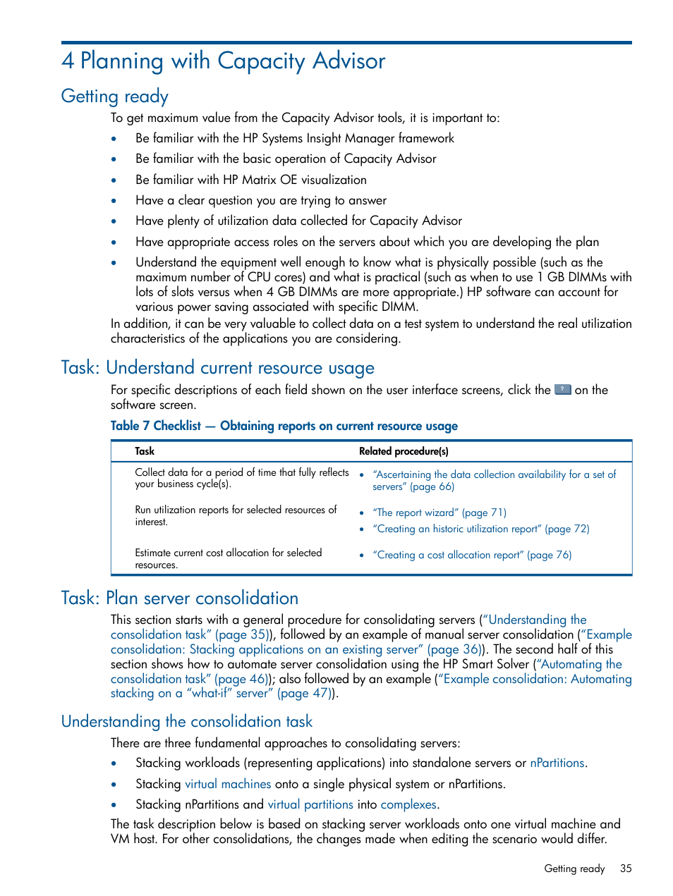 4 planning with capacity advisor, Getting ready, Task: understand current resource usage | Task: plan server consolidation, Understanding the consolidation task | HP Matrix Operating Environment Software User Manual | Page 35 / 189
