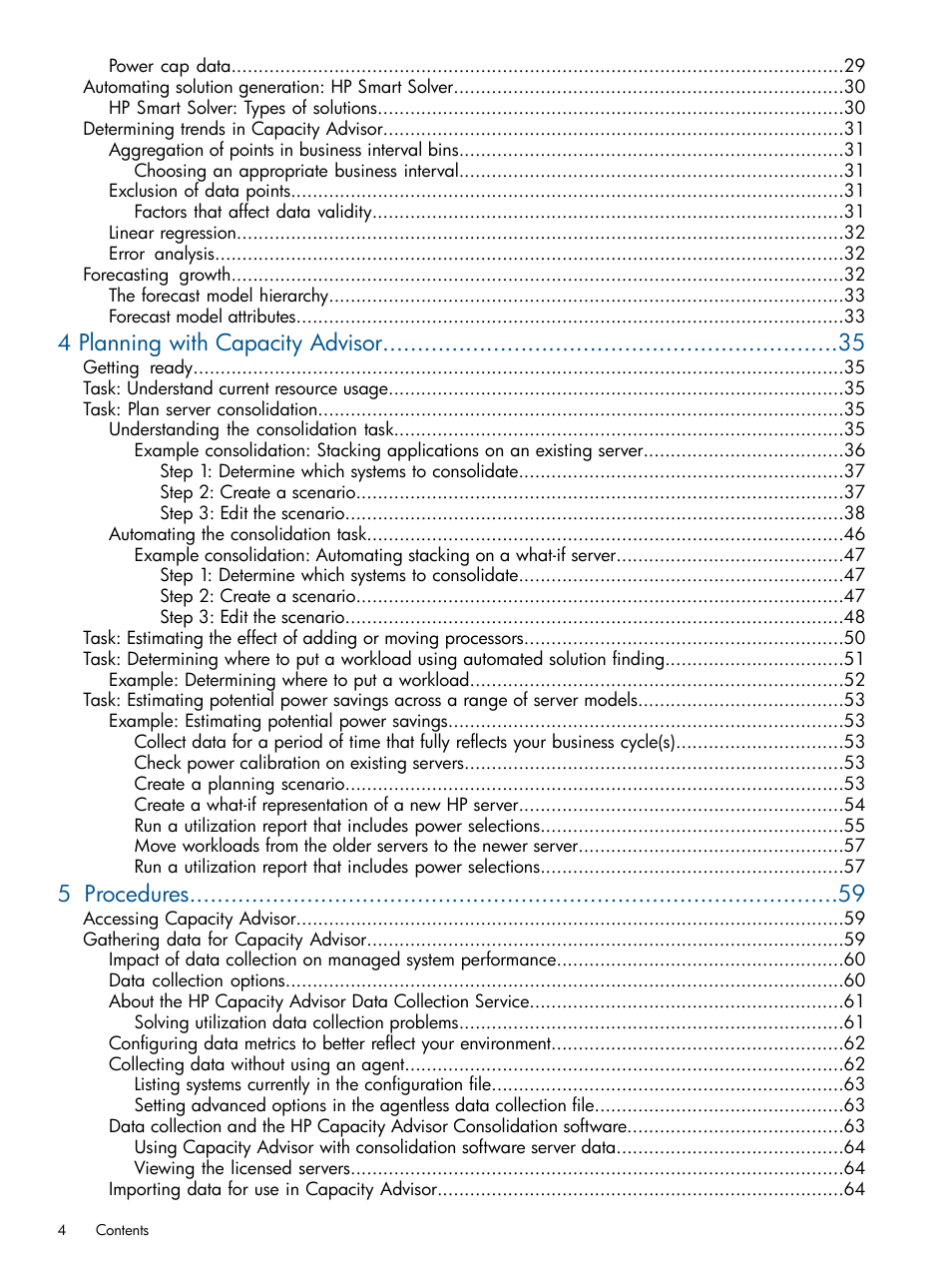 4 planning with capacity advisor, 5 procedures | HP Matrix Operating Environment Software User Manual | Page 4 / 189