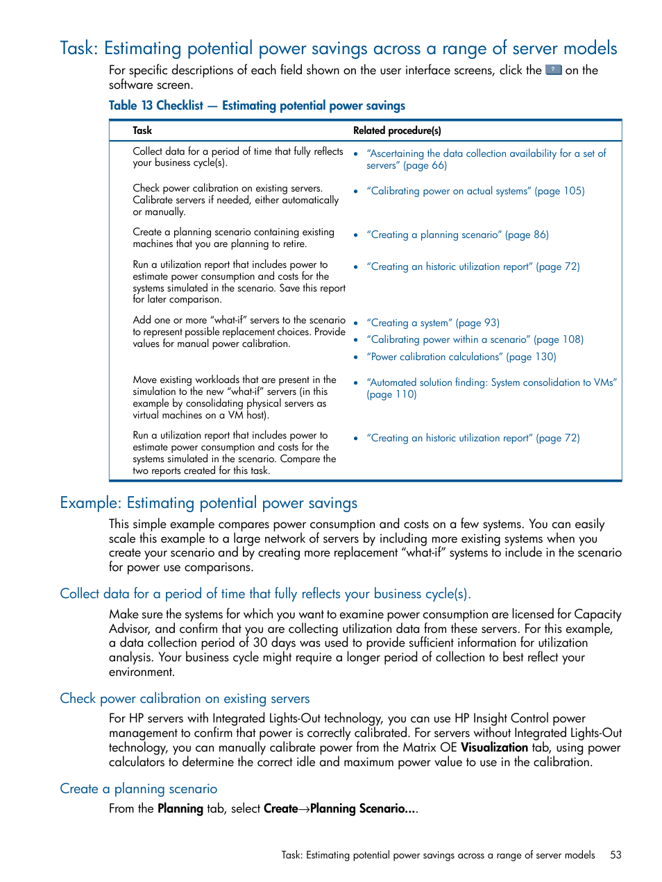 Example: estimating potential power savings, Check power calibration on existing servers, Create a planning scenario | HP Matrix Operating Environment Software User Manual | Page 53 / 189