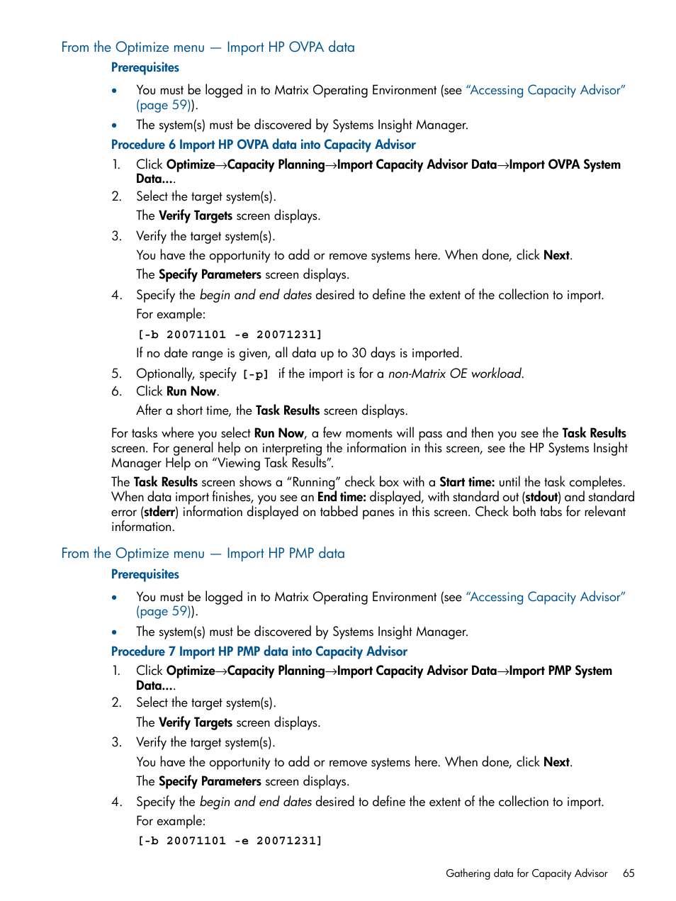 From the optimize menu — import hp ovpa data, From the optimize menu — import hp pmp data | HP Matrix Operating Environment Software User Manual | Page 65 / 189