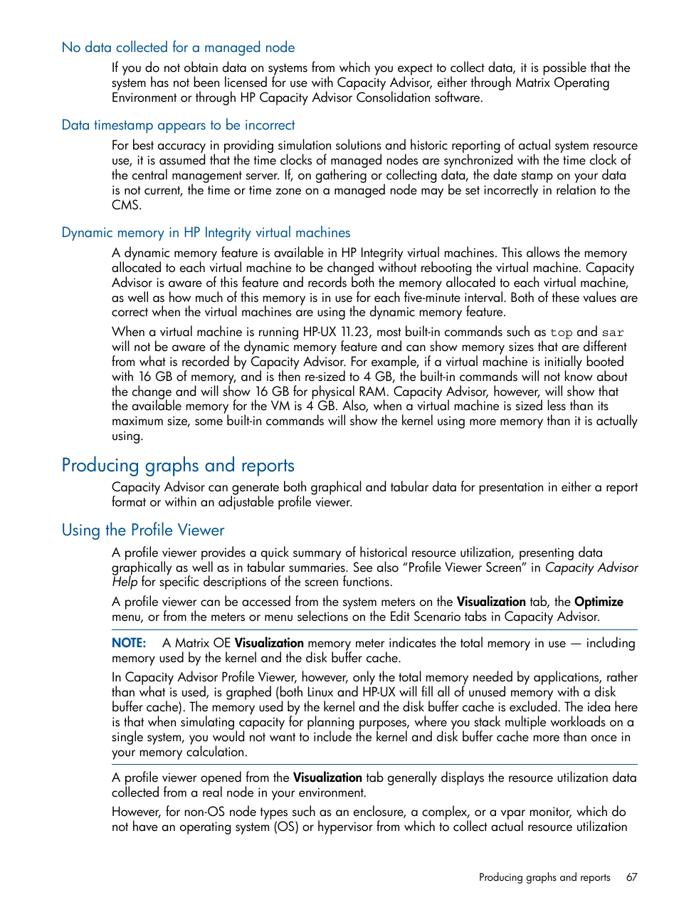 No data collected for a managed node, Data timestamp appears to be incorrect, Dynamic memory in hp integrity virtual machines | Producing graphs and reports, Using the profile viewer | HP Matrix Operating Environment Software User Manual | Page 67 / 189