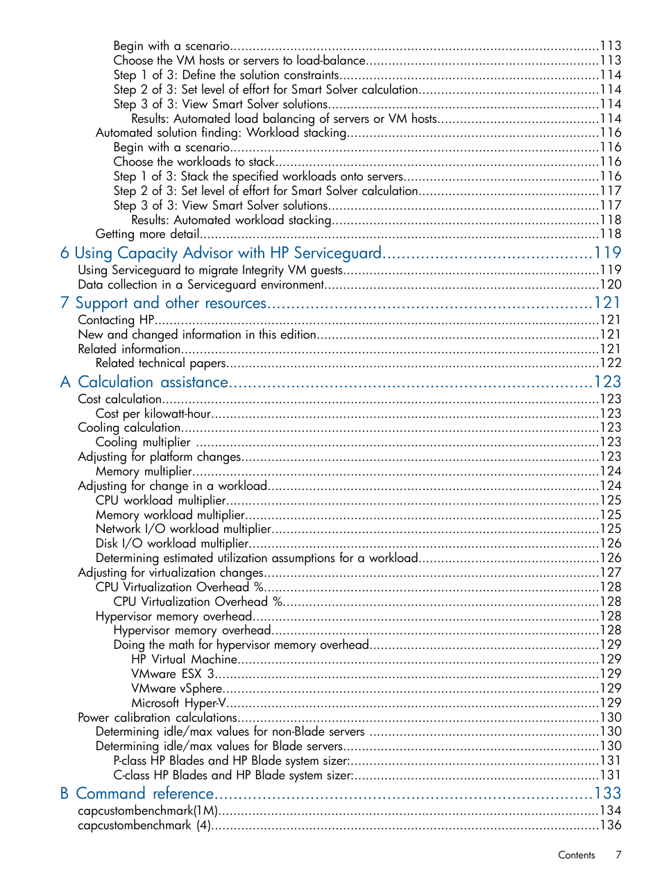 6 using capacity advisor with hp serviceguard, 7 support and other resources, A calculation assistance | B command reference | HP Matrix Operating Environment Software User Manual | Page 7 / 189