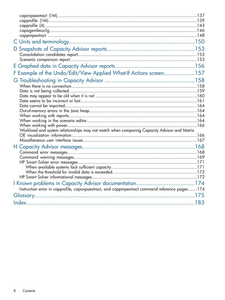 H capacity advisor messages, I known problems in capacity advisor documentation, Glossary index | HP Matrix Operating Environment Software User Manual | Page 8 / 189