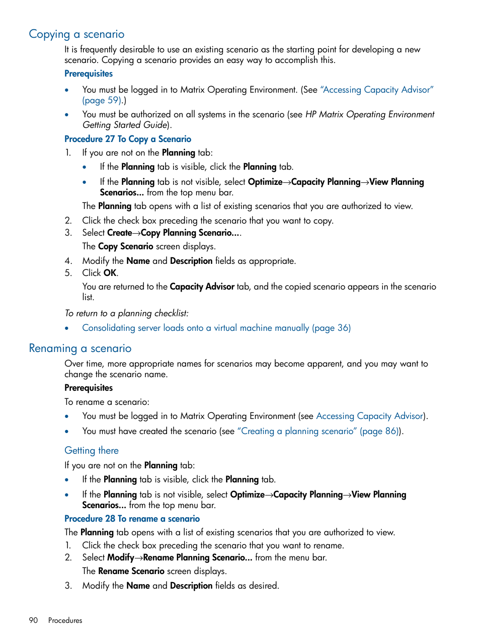 Copying a scenario, Renaming a scenario, Copying a scenario renaming a scenario | HP Matrix Operating Environment Software User Manual | Page 90 / 189