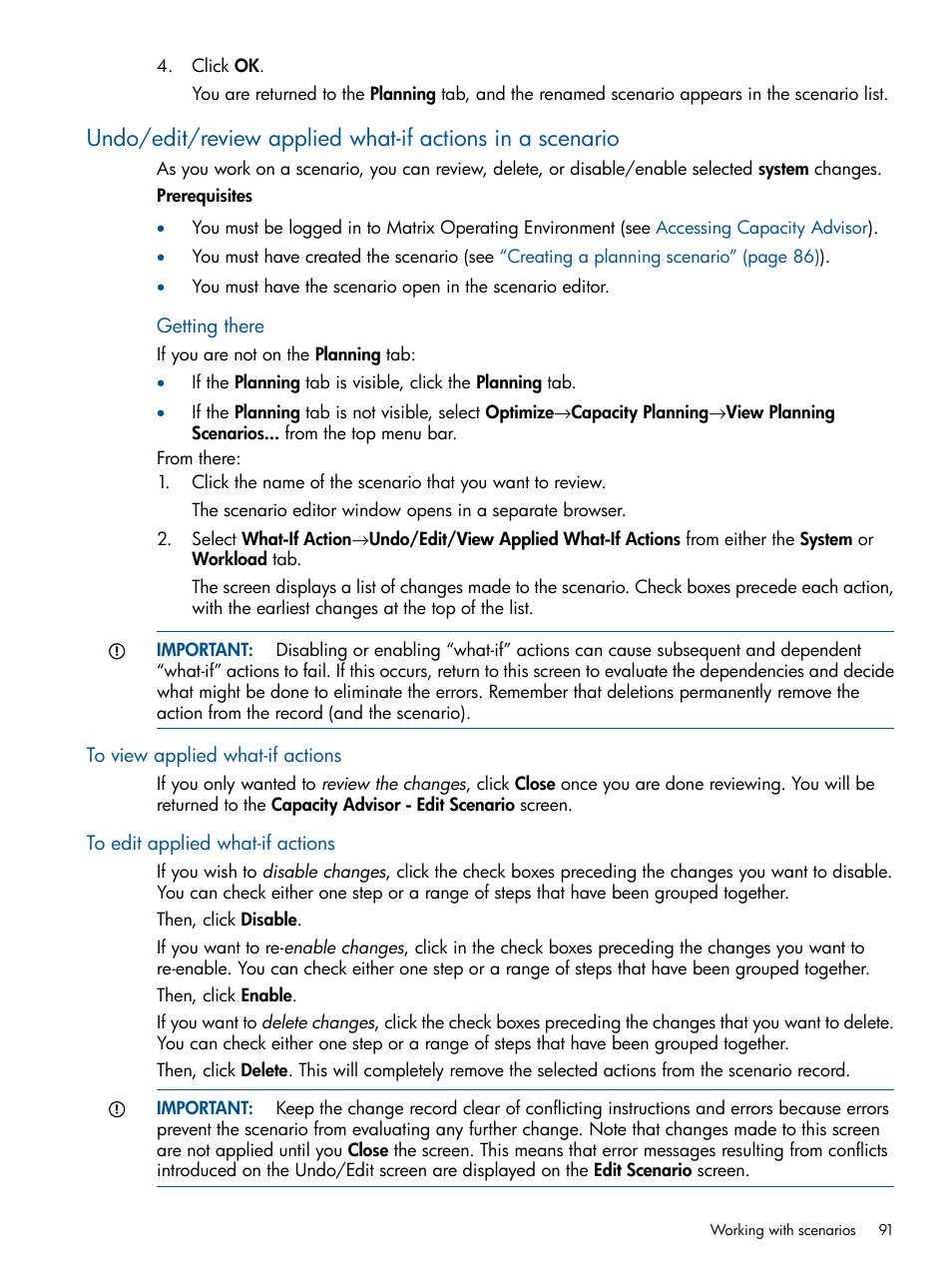 To view applied what-if actions, To edit applied what-if actions | HP Matrix Operating Environment Software User Manual | Page 91 / 189