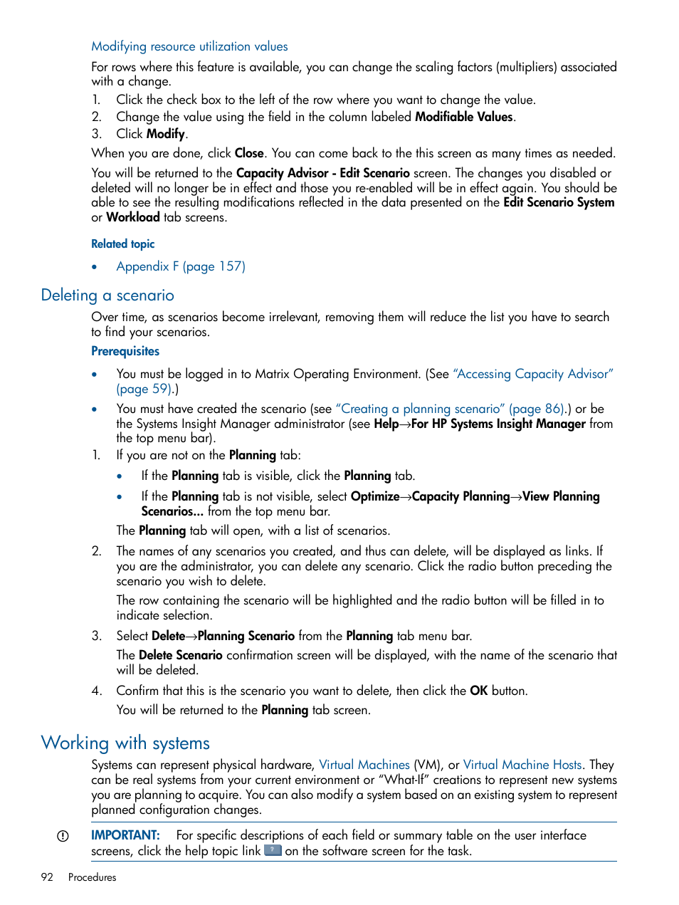 Modifying resource utilization values, Deleting a scenario, Working with systems | HP Matrix Operating Environment Software User Manual | Page 92 / 189