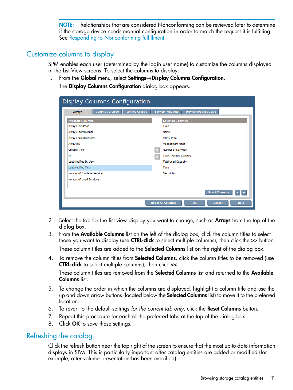 Customize columns to display, Refreshing the catalog | HP Matrix Operating Environment Software User Manual | Page 11 / 63