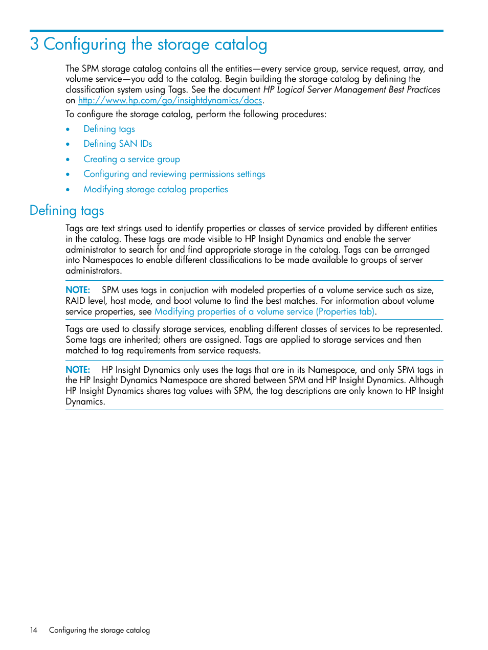 3 configuring the storage catalog, Defining tags, Configuring the storage catalog | Configuring, The storage catalog | HP Matrix Operating Environment Software User Manual | Page 14 / 63