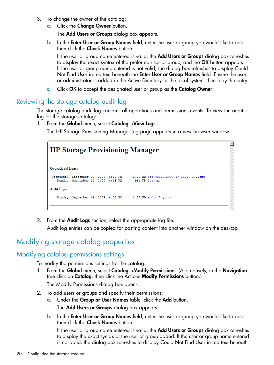 Reviewing the storage catalog audit log, Modifying storage catalog properties, Modifying catalog permissions settings | HP Matrix Operating Environment Software User Manual | Page 20 / 63