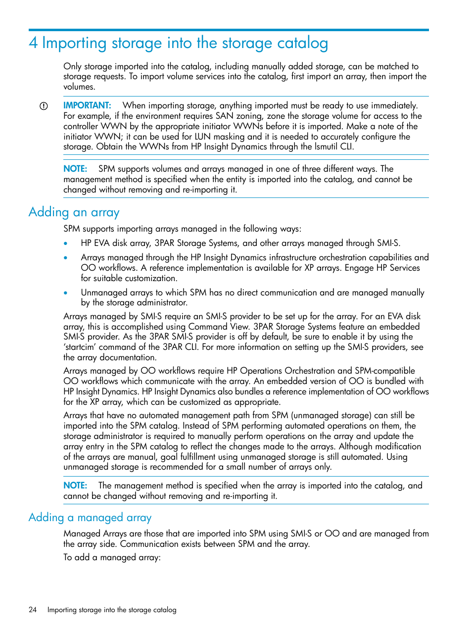 4 importing storage into the storage catalog, Adding an array, Adding a managed array | Importing storage into the storage catalog | HP Matrix Operating Environment Software User Manual | Page 24 / 63